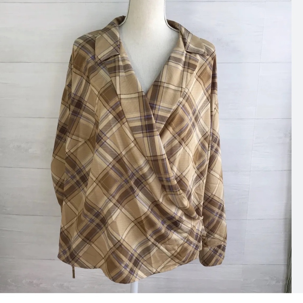 Ralph Lauren size 3x plus plaid crossover blouse new tan/ lilac